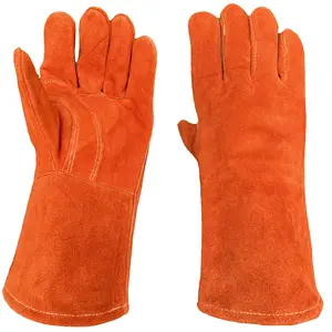 13.8" Orange Leather Welding Gloves – XL Size, Heat & Flame Resistant Cowhide Work Gloves for MIG, Stick Welding, BBQ, Fireplace, and Metalworking