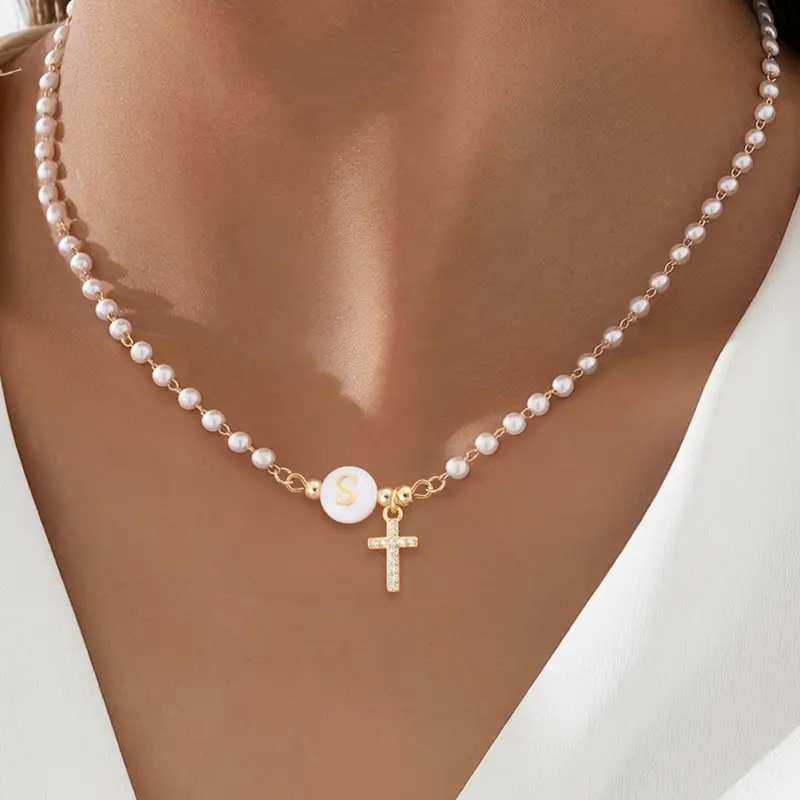 Faux Pearl Decorated Necklace for Women, Pearl Chain Necklace, Elegant Cross Charm Decor Necklace for Gift, Fashion All-match Accessories for Daily Wear, Fashionable Accessory, Faux Pearl Jewelry
