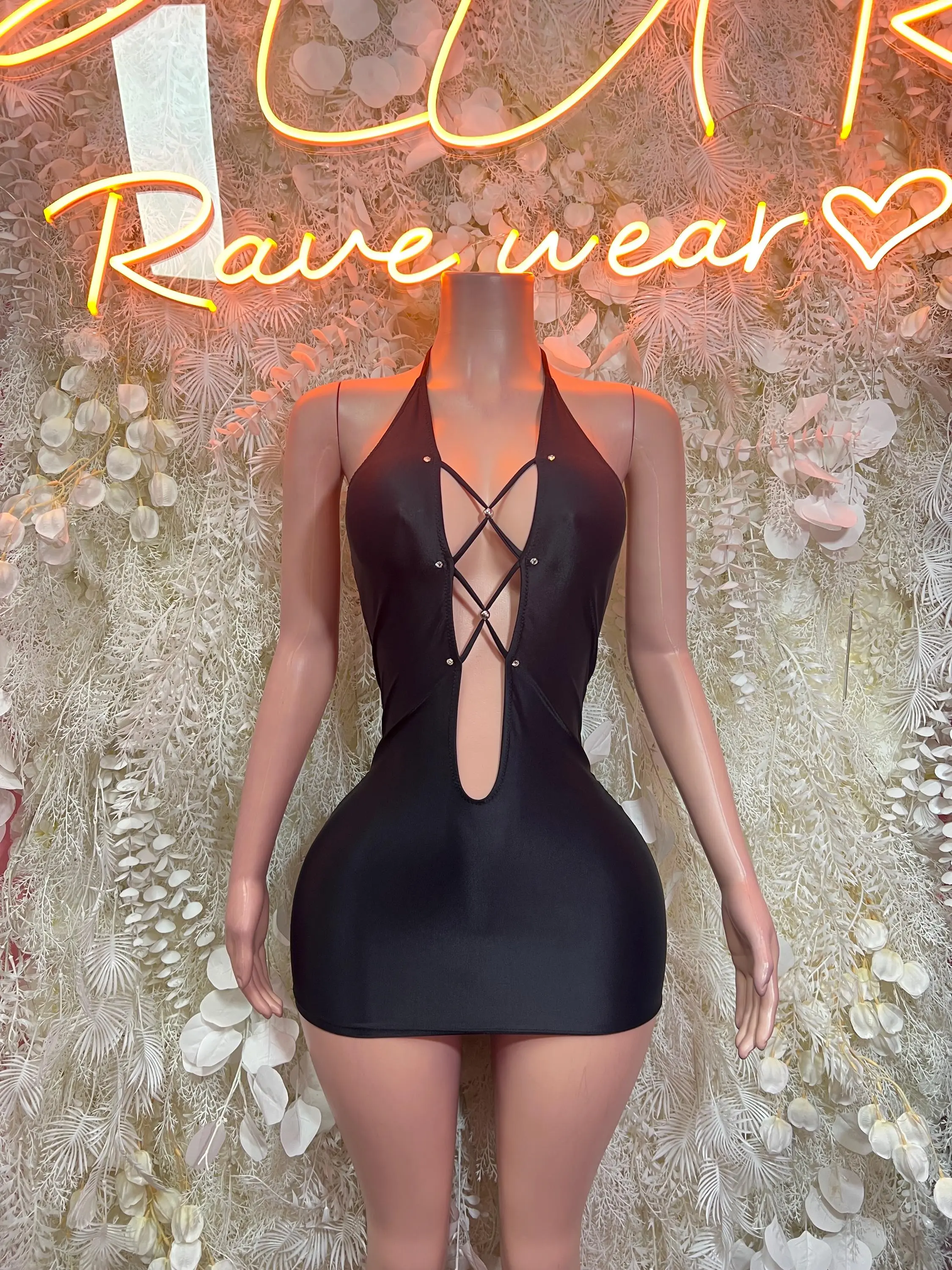 Women's Formal Sleeveless Haltered Plunge Neck Black Mini Dress - Lace Up, Rhinestone Criss Cross, Sexy Rave Festival Clubwear