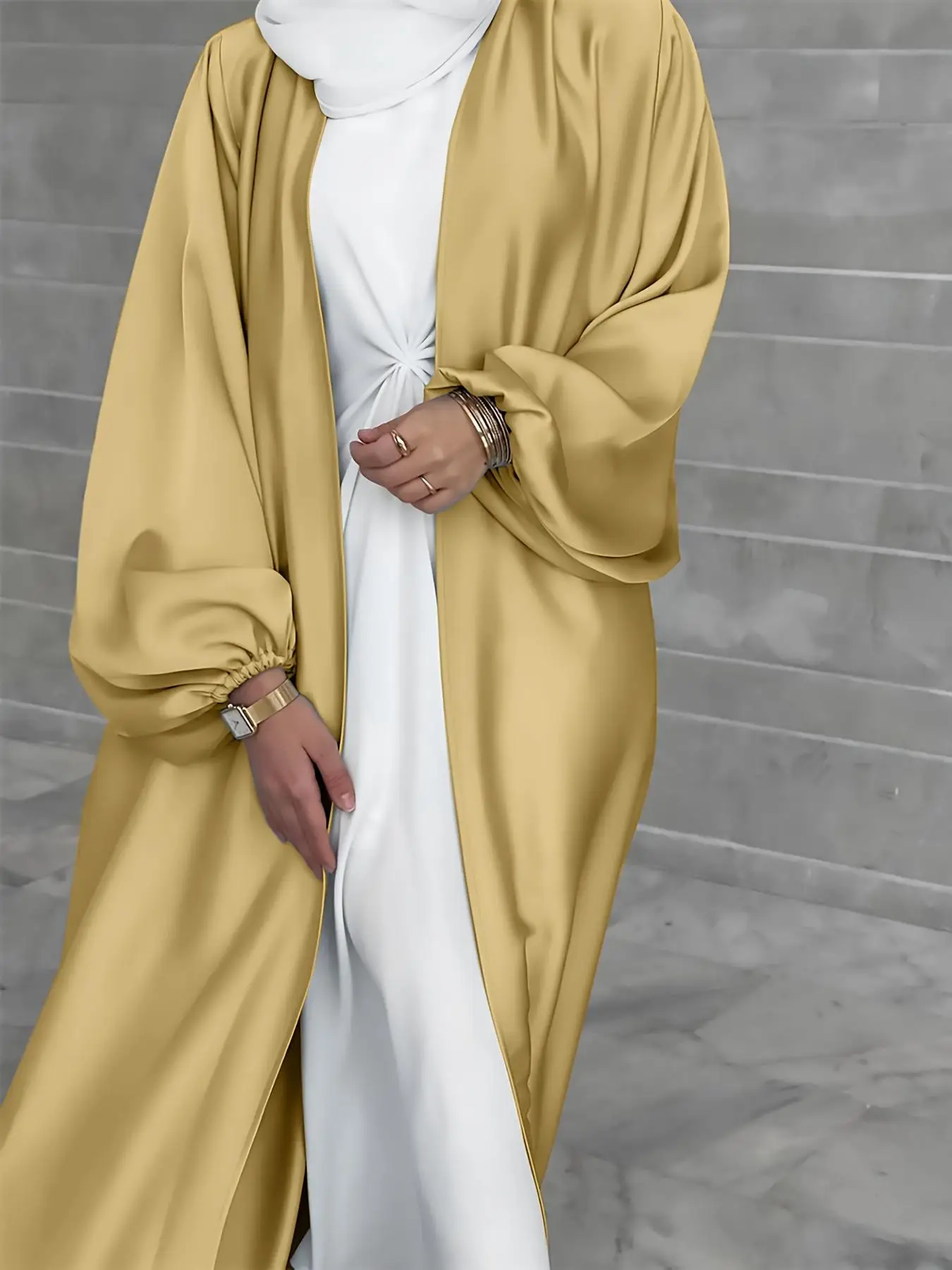 Women's Lantern Sleeve Open Front Satin Abaya, Elegant Long Sleeve Arabic Robe Outerwear for Daily Wear, Eid Clothing for Women