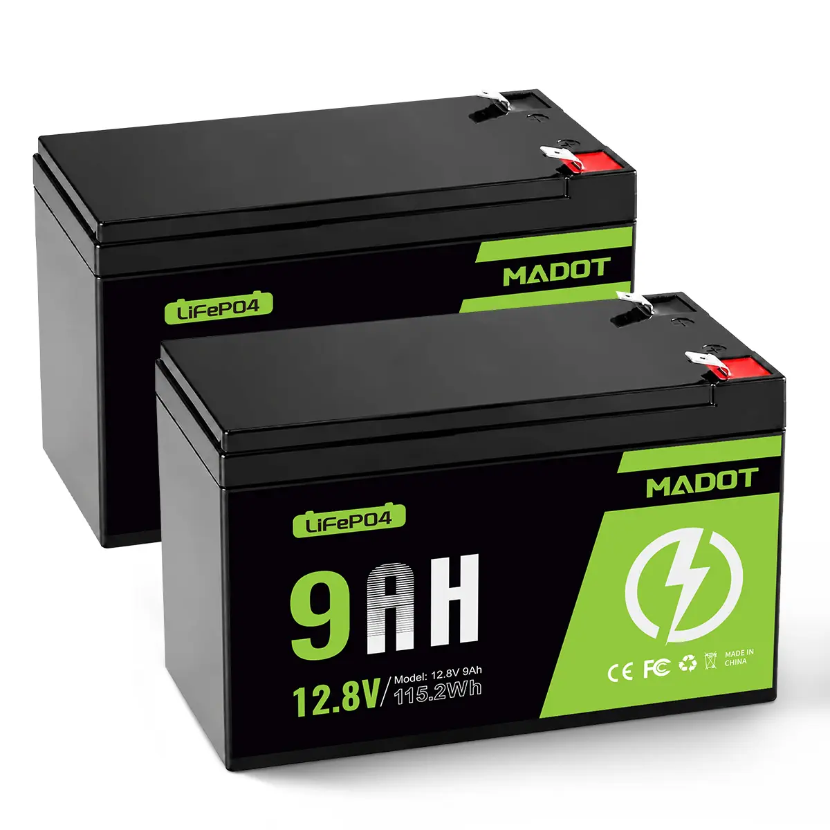 MADOT 2 Pack 12V 9Ah LiFePO4 Battery, Rechargeable 4000+ Deep Cycle Built in BMS, Replacement for Alarm System, Gate Opener, Deer Feeder, Lighting, UPS, Ride on Toys