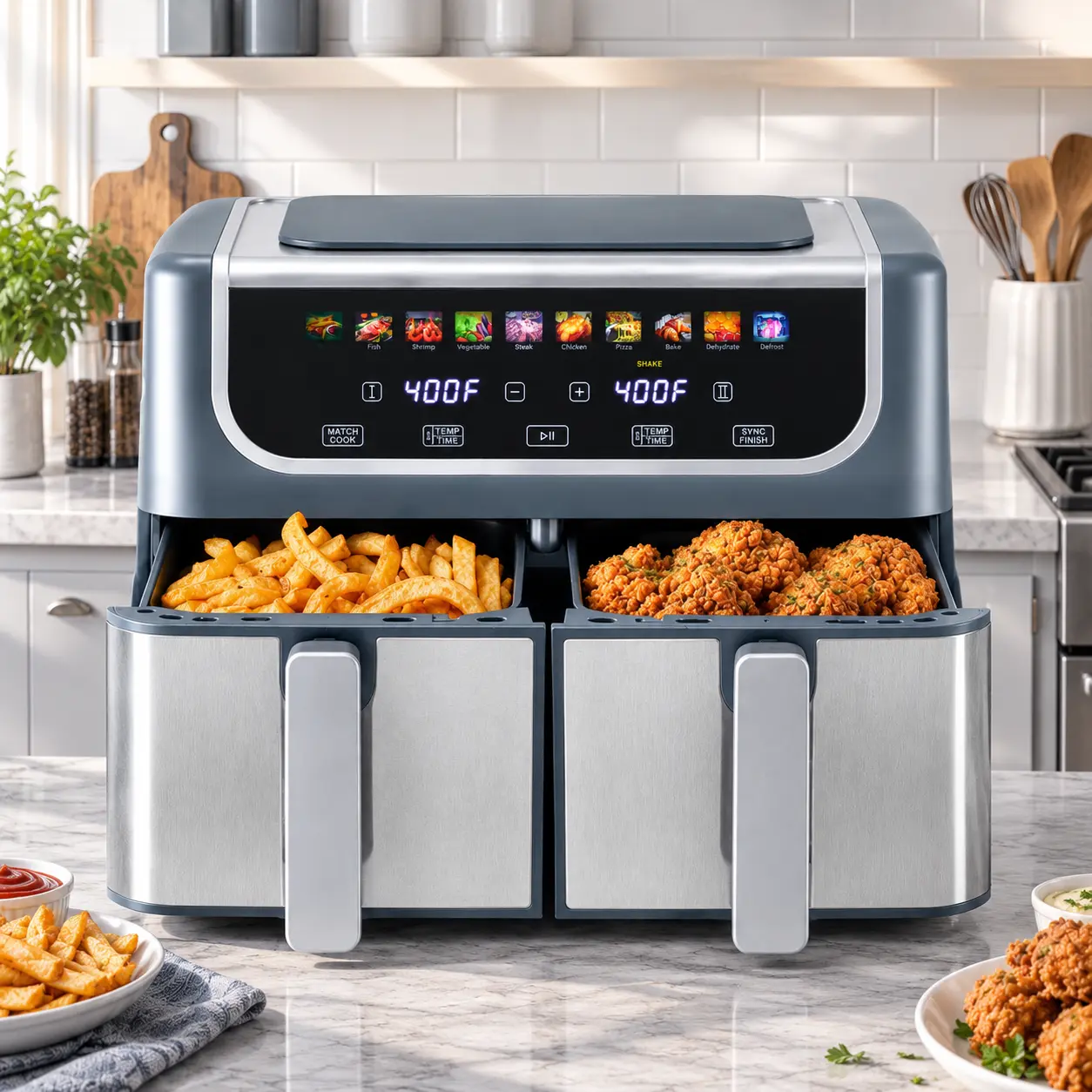 9QT Dual Basket Digital Double Zone Air Fryer - 10-in-1 Smart Digital Cooker, Adjustable Temperature, 2 Independent Nonstick Baskets with Easy View Windows, Sync Finish & Hi-Fry Functions, 200°F-450°F Range Kitchen Appliance