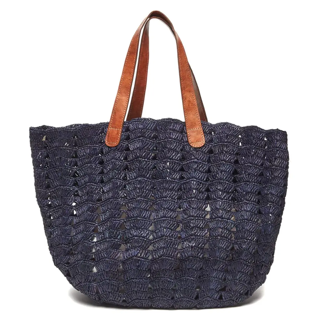 Mar Y Sol Paros Women's Casual Scalloped Crochet Raffia Tote, Sturdy Double Handle Beach Carryall with Open Design, Handles, Tropical Vibes, Crochet Pattern
