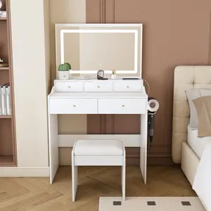 Modern White Large Mirror Vanity Desk with Power Outlet & Hair Dryer Holder