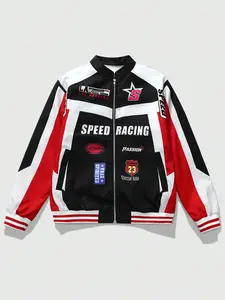 Men's Street Style American Vintage Patchwork Racing Jacket, Loose Fit Couple Motorcycle Coat, Long Sleeve Spring Fall Winter