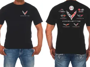 Chevy Corvette 2-Sided Unisex T-Shirt Featuring C1 Thru C8 Flag Emblems Collage, Perfect Gift for Corvette Lovers and American Sports Car Fans.