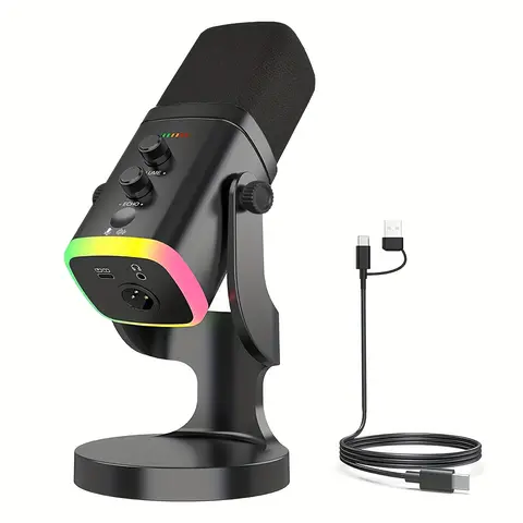 XLR/USB Dynamic Microphone, Wired Mic for Streaming & Gaming, Podcasting Desktop Mic, RGB Lights, Mute Button, Headphone Jack and Desktop Stand, Live Podcast Equipment, Ideal PC Mic for Singing, Recording and Online Content Creation