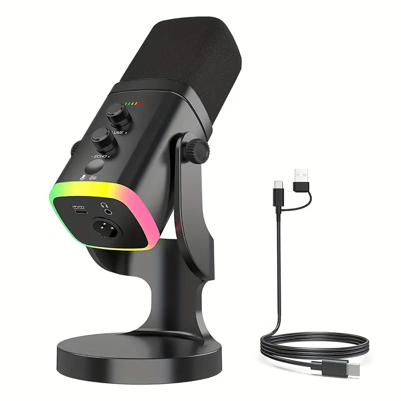XLR/USB Dynamic Microphone, Wired Mic for Streaming & Gaming, Podcasting Desktop Mic, RGB Lights, Mute Button, Headphone Jack and Desktop Stand, Live Podcast Equipment, Ideal PC Mic for Singing, Recording and Online Content Creation