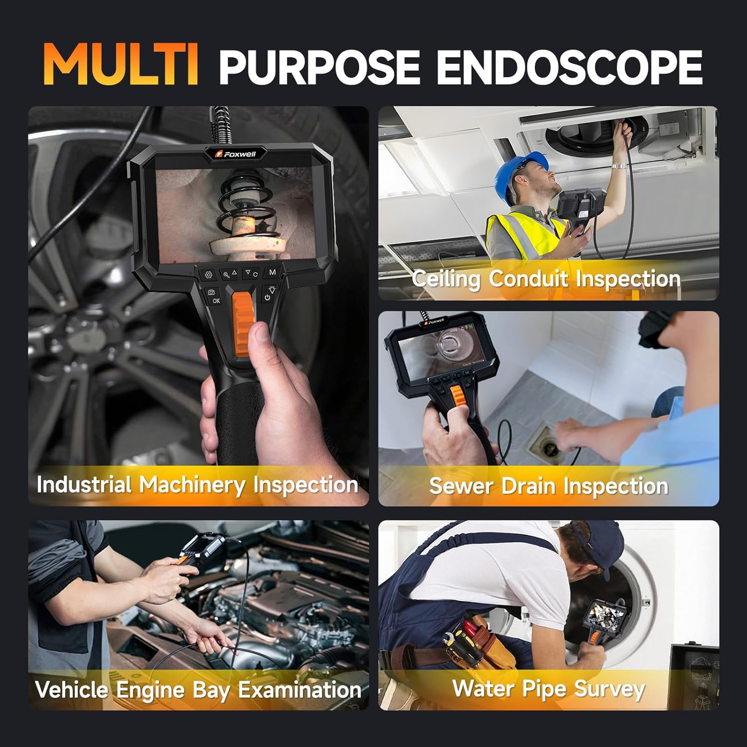 FOXWELL FY406D 0.25in Slim Dual Lens Articulating Borescope, 220° Two-Way Endoscope Camera with LED Light & IPS HD Screen, IP67 Waterproof Snake Camera for Engine, Automotive, Pipe & Wall Inspection – 5.3FT