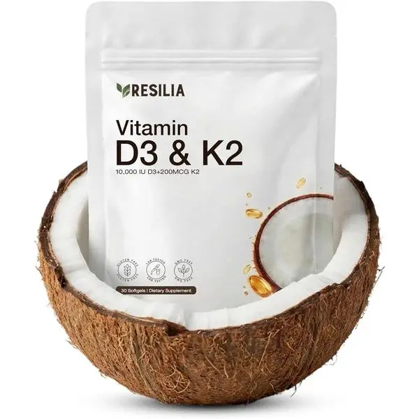 Resilia D3 K2 Vitamin 10000 IU + MK-7 200 mcg – High Potency Softgels with Coconut Oil for Maximum Absorption – Supports Bone Strength, Heart Health & Immune System – (30 Count)
