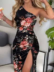 Sexy Floral Print Drawstring Adjustable Dress, High Slit Slim Fit Asymmetric Neckline, Sleeveless Elegant Dress for Spring & Fall