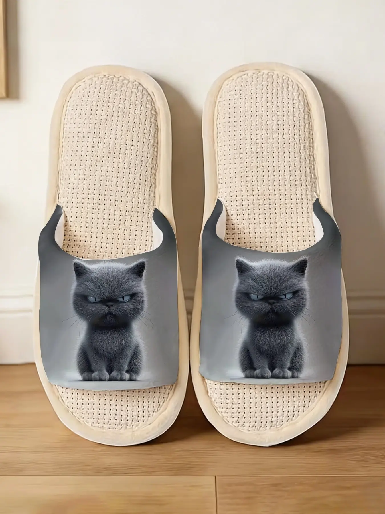 Unique Cool Blue Cat Slippers, Waffle Breathable Insole, Realistic Print, Home Use Slip-On Shoes, Comfortable Indoor Footwear