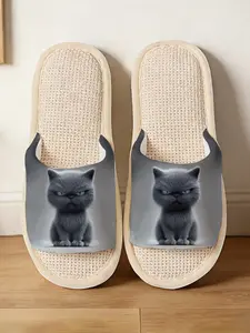 Unique Cool Blue Cat Slippers, Waffle Breathable Insole, Realistic Print, Home Use Slip-On Shoes, Comfortable Indoor Footwear