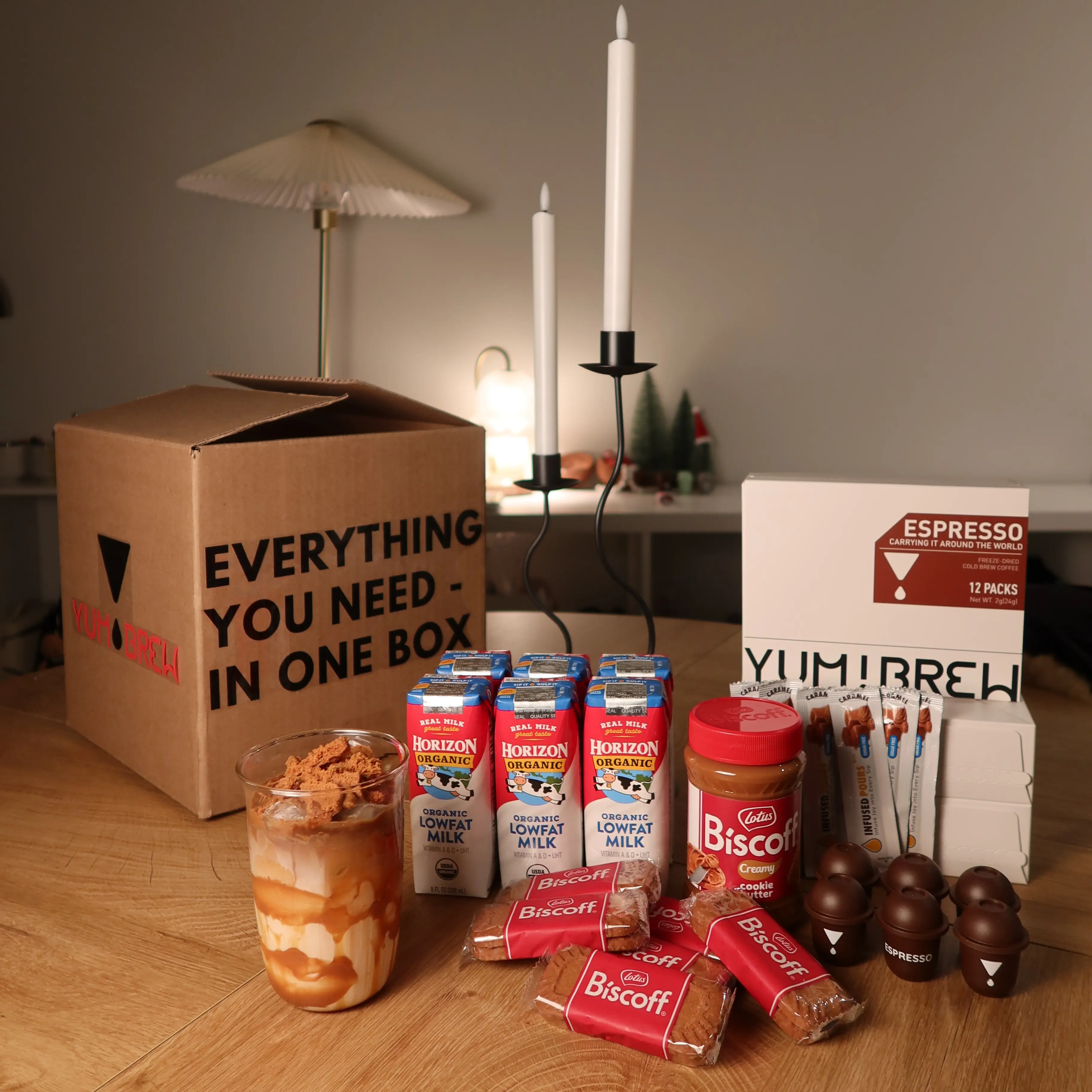 Yum!Brew Biscoff Latte Kit - Deluxe Coffee Set with Espresso Freeze-Dried Coffee, Biscoff Cookie Butter, Horizon Low-Fat Milk & Caramel Syrup for 6 Lattes