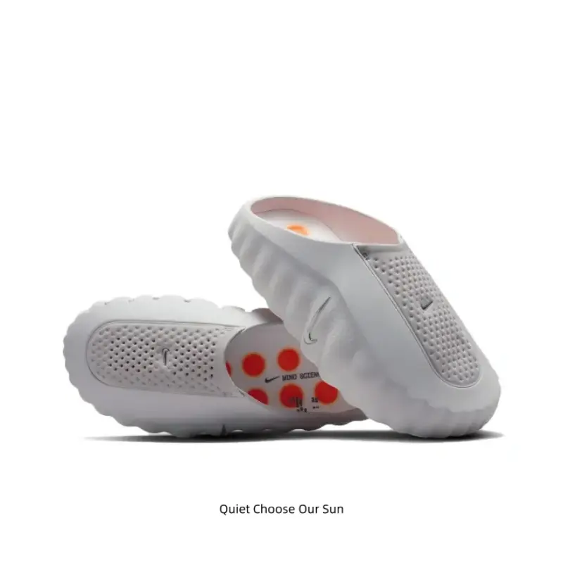 Molded EVA slip-on mules deliver ultra-light fatigue-free cloud comfort, built with breathable perforated mesh upper in muted pale grey, vivid orange insole dots & rugged wave sole for safe walking on damp slippery floors