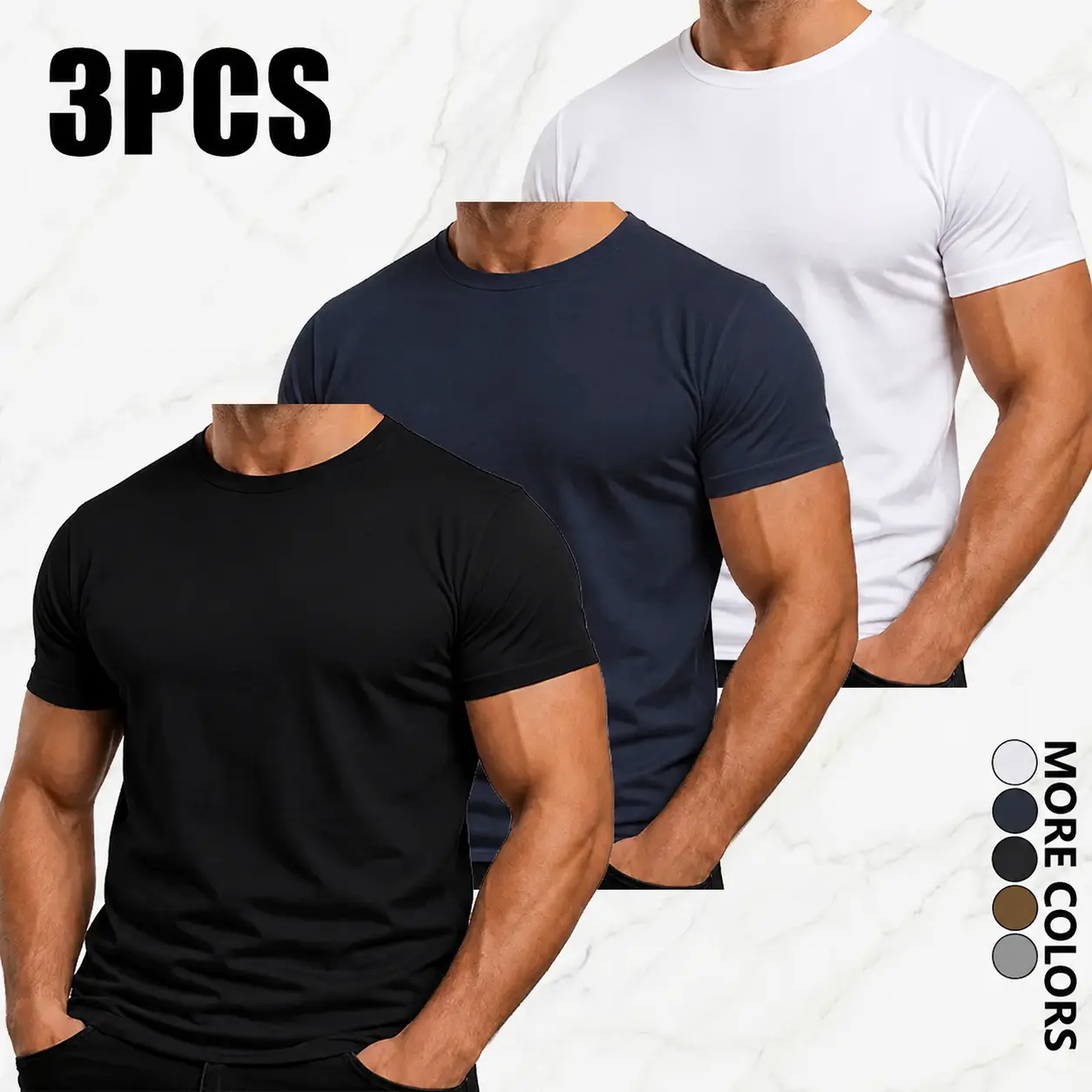 Men's 3-Pack Monochromatic Crew Neck T-Shirts - Regular Fit, Comfortable Simple Style, Crew Neck Sportswear, Fitness Athletic Streetwear, Suitable for Fitness, Outdoor Wear