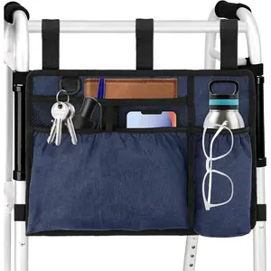 Bag Basket with Cup Holder for Folding Walker Accessories for Seniors, Elderly and Handicap, Foldable Water Resistant Big Capacity Walker Storage Bag - Dark Blue