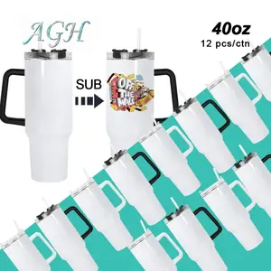 AGH 12pcs 40 oz Sublimation Tumblers Stainless Steel Blank Travel Mug with Removable Handle Double Wall Vacuum Sublimation Cups with Lid & Straw