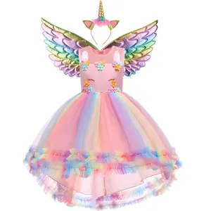 5-12Y Rainbow Cartoon Cosplay Costume Fancy Carnival 023 Flower Wings Headband Kids Clothes Performance Princess Theme Party Holiday Girls Ball Gown Children Cocktail Dress
