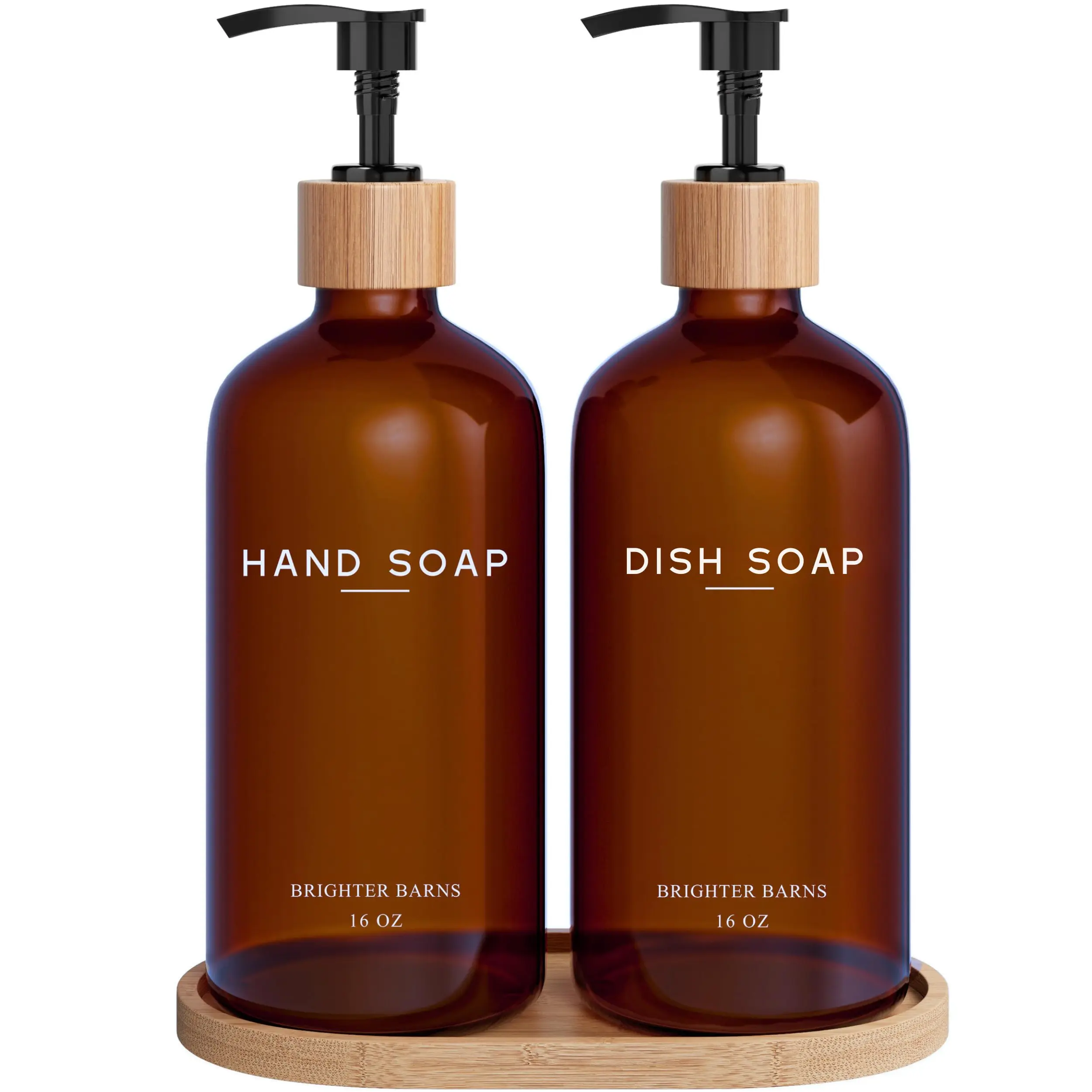 Amber Glass Hand and Dish Soap Dispenser Set by Brighter Barns - Kitchen Soap Dispenser Set with Tray - Bamboo Soap Dispenser for Kitchen Sink - Modern Kitchen Decor, Neutral Decor (Amber)