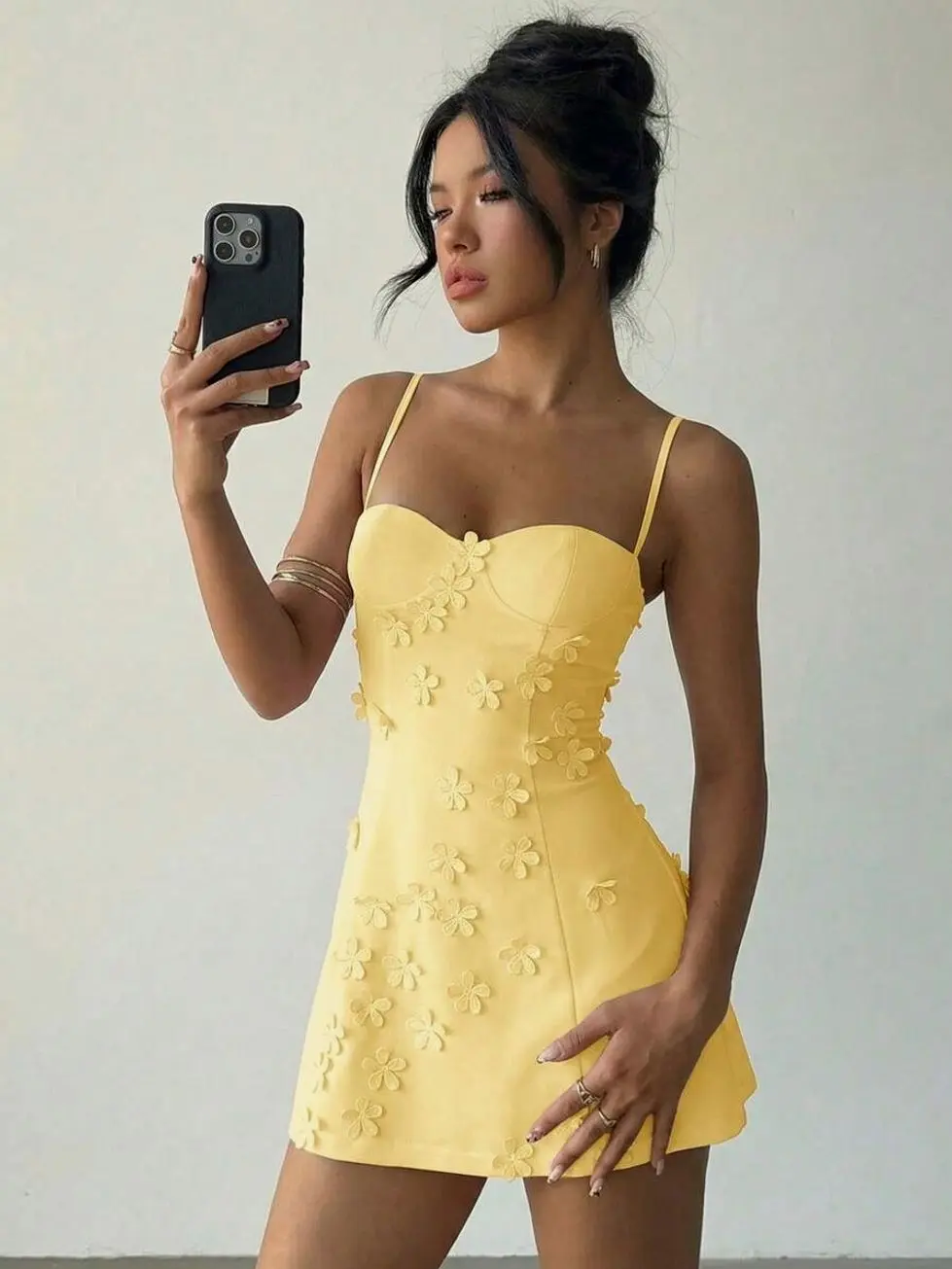 Women's Sexy & Cute YTK Small Cup Details Front 3D Floral Decor Fitted A-Line Camisole Dress, Graduation Dresses