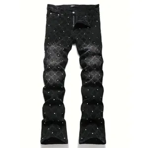 Y2K Men's Shiny Rhinestone-Embellished Stretch Slim-Fit Jeans for Casual Street Style Hip-Hop Skateboarding, Machine Washable - All-Season Wear