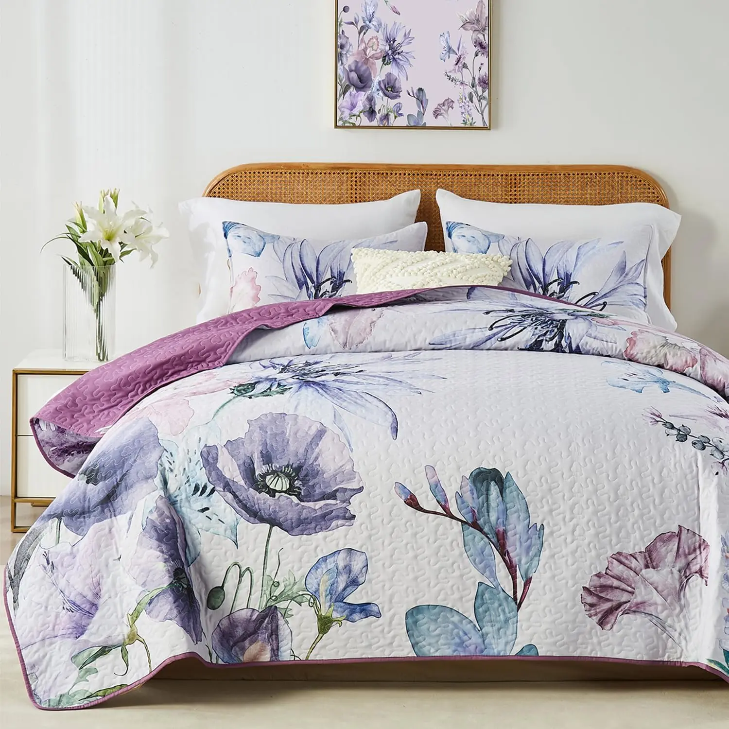 Size Quilt Set, Elegant Floral Botanical  Purple Bedding Set,3  Lightweight Soft Summer Bedspread Coverlet with 2 PIillow Sham for All Season(Purple Floral,110"x96")
