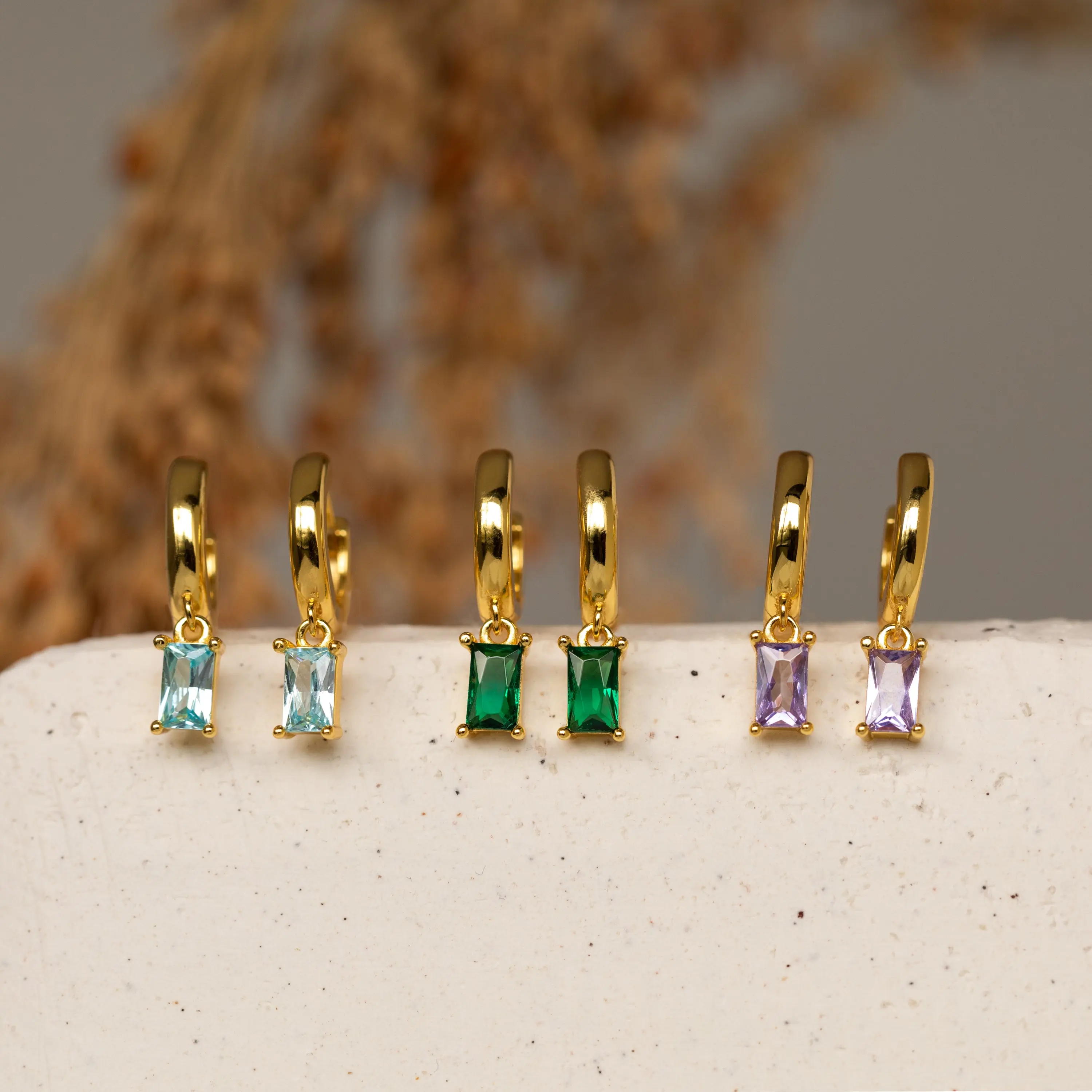 Baguette Birthstone Huggies by Caitlyn Minimalist - Dainty 18K Gold Plated Gemstone Dangle Earrings - Custom Birthstone Jewelry - Birthday Gift for Her
