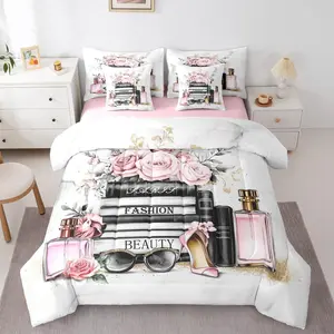 Feelyou 7-Piece Flower Theme Modern Bed-in-a-Bag Bedding Set - Black Pink Fashion Comforter with Sheets, Women’s Chic Elegant Floral Design, Accented with High Heels & Books Motifs