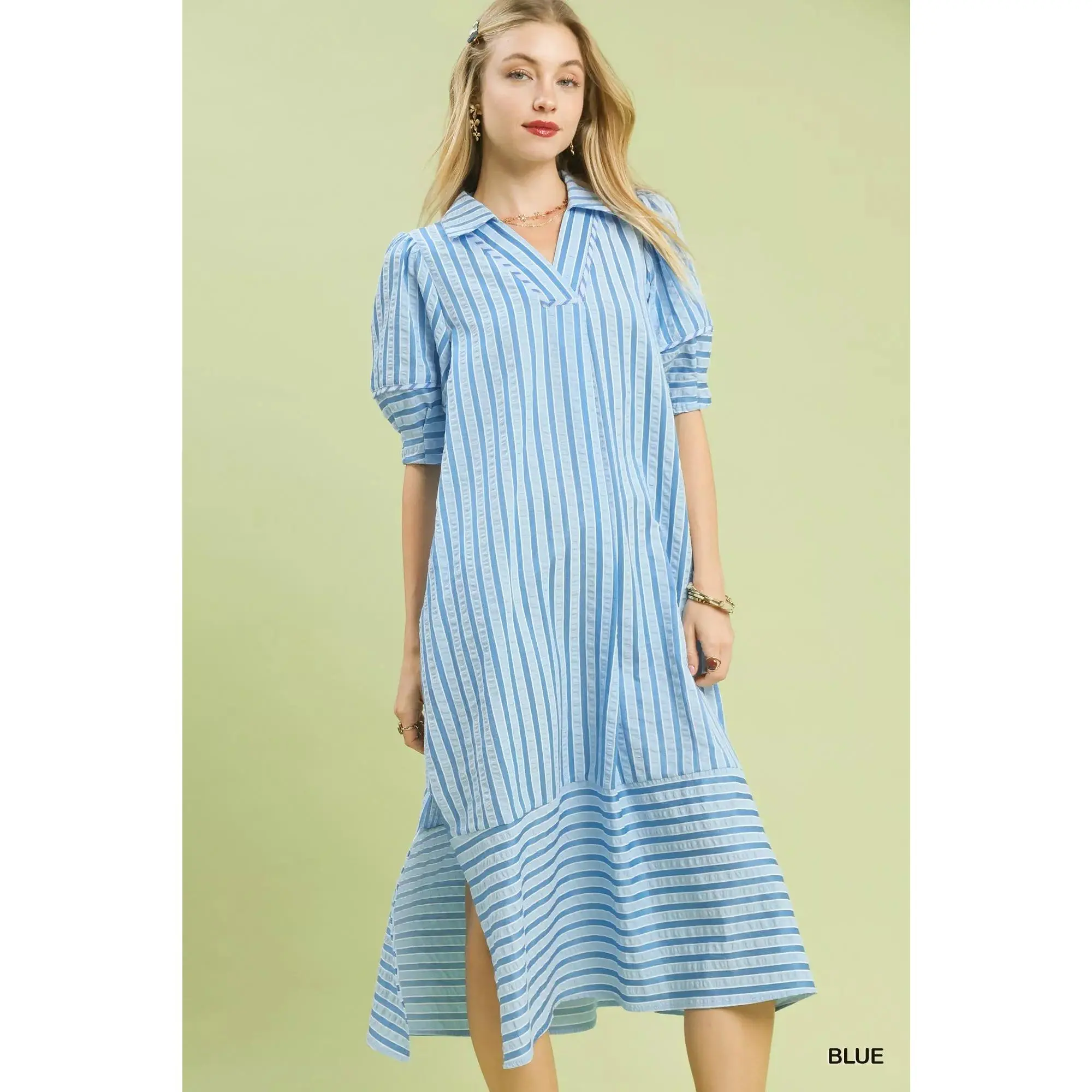 Umgee Striped Puff Sleeve Midi Dress
