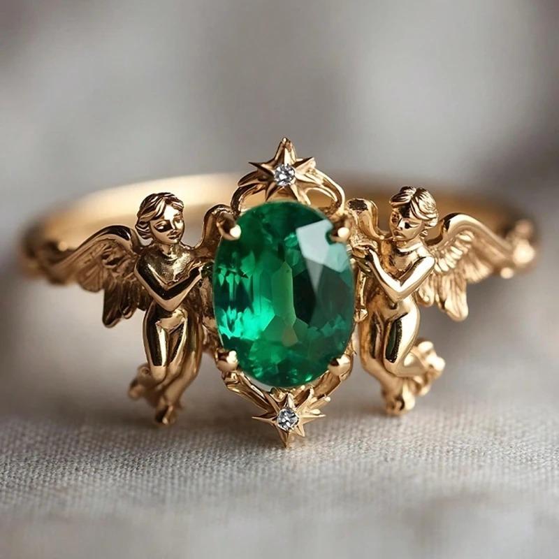 Women's Eternal Love Guardian Angel Motif Ring - Zinc Alloy with Green Cubic Zirconia, Star Accents, Suitable for Daily Wear, Wedding Gift, Plain