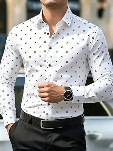 Men's Cross Print Fitted Long Sleeve Shirt, Casual All-Seasons Wear, Slim Fit Cross Pattern Top, Unique Style Business, Casual Party Shirt, Lapel Collared Shirt