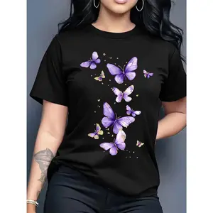 100% Cotton Butterfly Print Short Sleeve Round Neck Casual T-Shirt, Women's Spring and Summer Wear, Birthday Gift, Friend Gift, Sister Gift