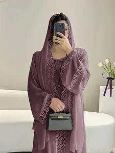Women's Elegant Abaya Dress Set with Headscarf, Floral Lace Decoration, Loose Sleeves, Long Flowing Design, Perfect for Ramadan & Special Occasions