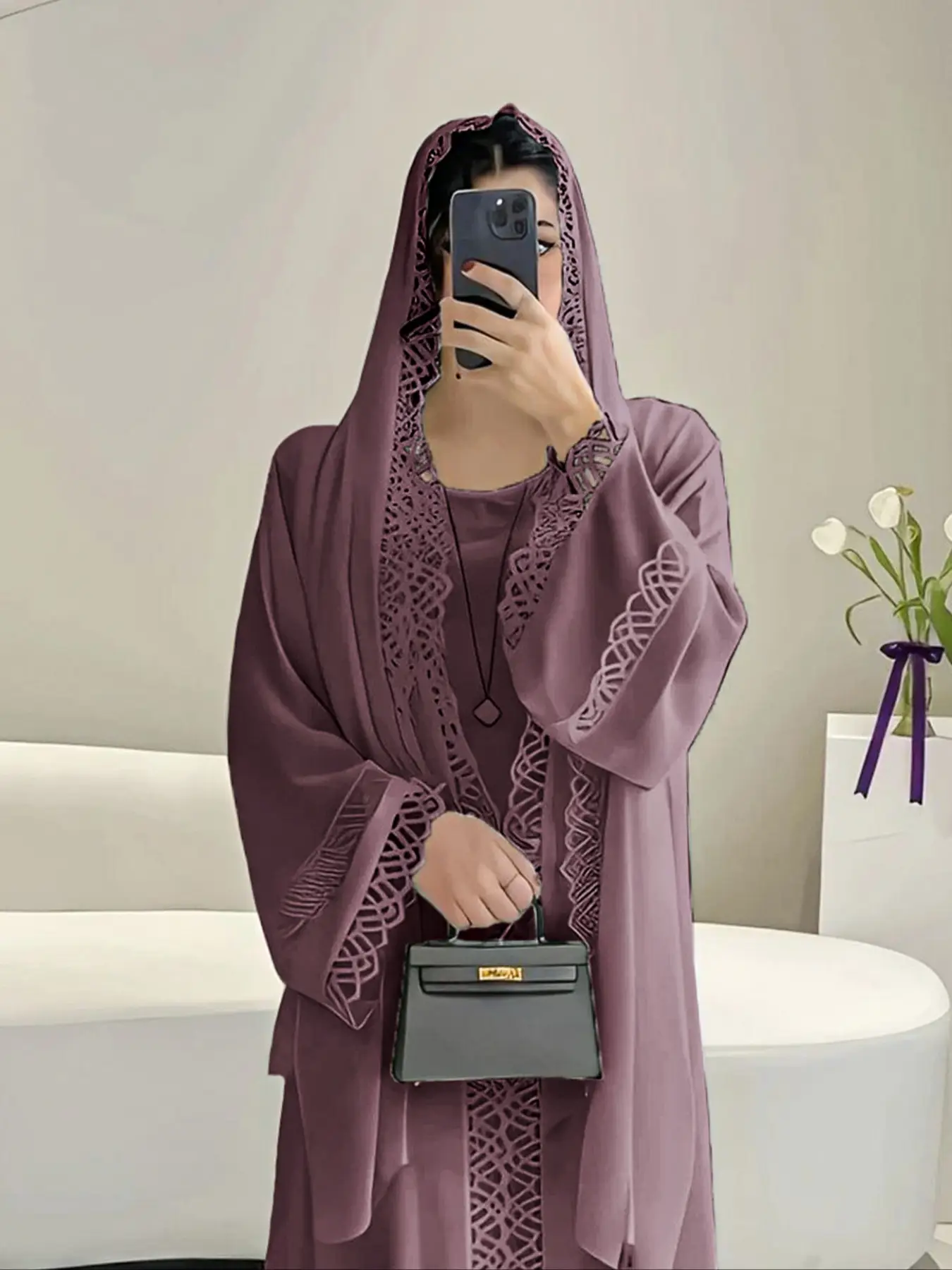Women's Elegant Abaya Dress Set with Headscarf, Floral Lace Decoration, Loose Sleeves, Long Flowing Design, Perfect for Ramadan & Special Occasions
