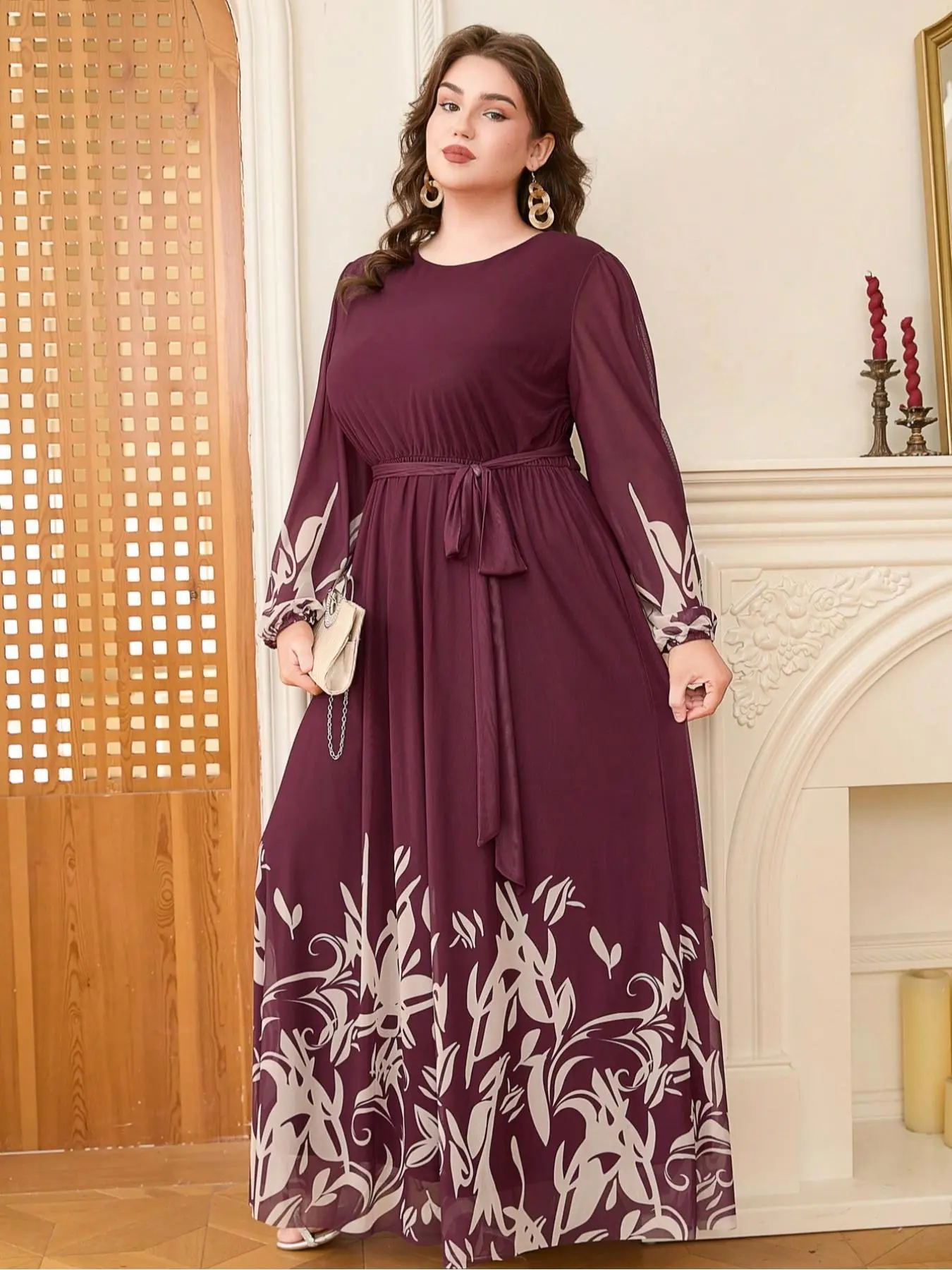 Plus Size】 Floral Print Belted Chiffon Dress, Elegant Long Sleeve Round  Neck Dress for Party Holiday Wedding Guest, Women's Clothes for Spring &  Fall