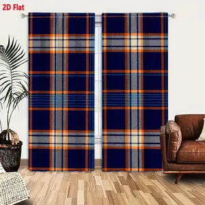 2D Flat 2-Piece Tartan Plaid Curtains, Dark Navy Blue Background with Bright Orange Light Blue White Horizontal Vertical Lines Grid Pattern, Classic Traditional Plaid Design for Living Room Bedroom
