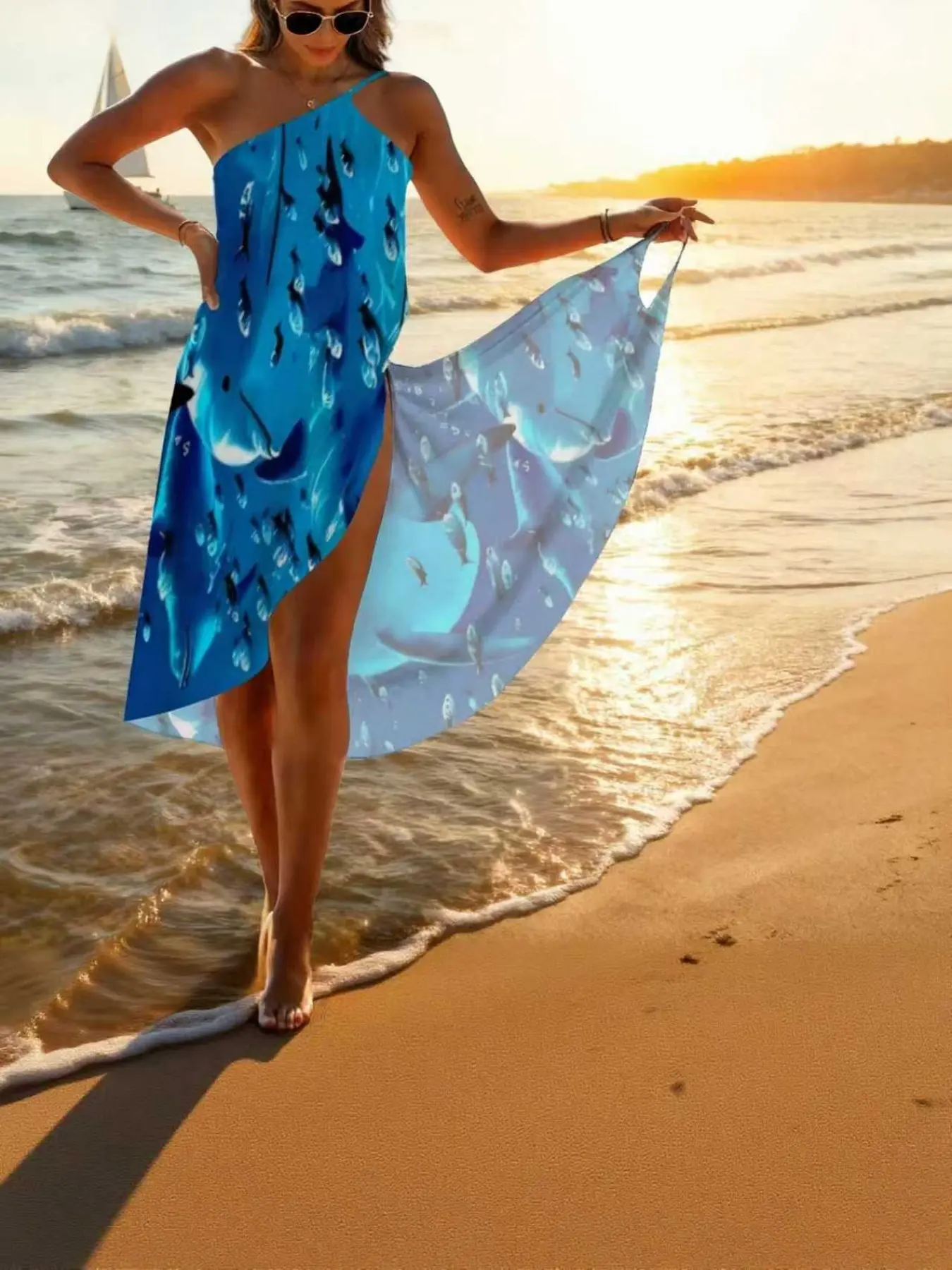 Women's Dolphin Print One-Piece Swimsuit, Summer Pool Beach Cover-Up Dress, Skirted Swim Dress, Sexy Slim-Fitting Strapless Party Vacation Style