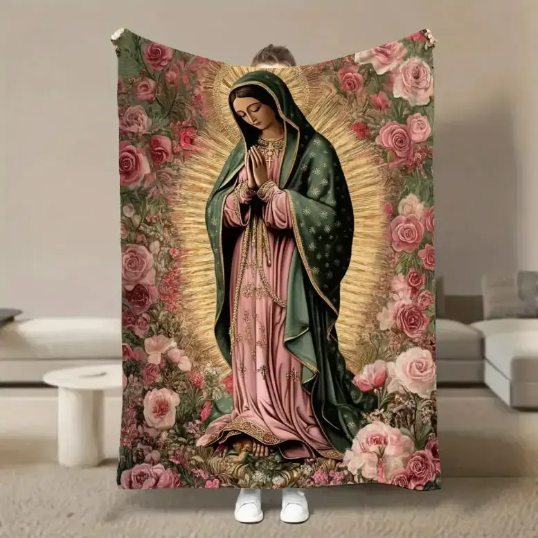 JIT 1pc Religious Our Lady of Guadalupe Christian Flannel Blanket - Modern Polyester, Soft Comfortable, Machine Washable, General Use for Adults, Suitable for Living Room & Travel, Our Lady Print