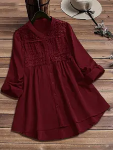 Plus Size Women's Lace Trim Patchwork Shirt, Casual Fashion Basic Blouse with Contrast Binding, Elegant Ladies Top for Daily Wear