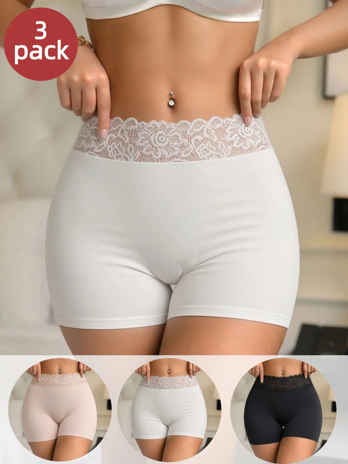 Women's Lace High-Waist Boxer Shorts, High Rise Panties, Soft Comfortable Fabric, Breathable Casual Sporty Underwear, All Seasons Everyday, 3 Pcs Set