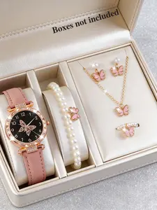 Women's Quartz Watch Set, Matching Jewelry Set, Butterfly Pattern Round Case, PU Leather Strap, Includes Bracelet Necklace Earrings Ring, Casual Style