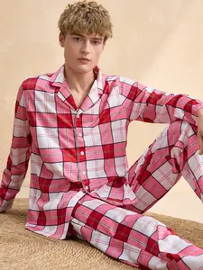 Men's Long Sleeve Shirt and Pants Sleepwear Set, Loose Fit Plaid Pattern Home Clothing, Suitable for Indoor and Outdoor Use