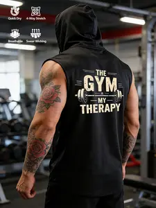 Men's 'The Gym Is My Therapy' Hooded Sleeveless Tank Top – Premium Quick-Dry Athletic Muscle Tee, Bodybuilding Training Top, Activewear Fitness, Gym Apparel