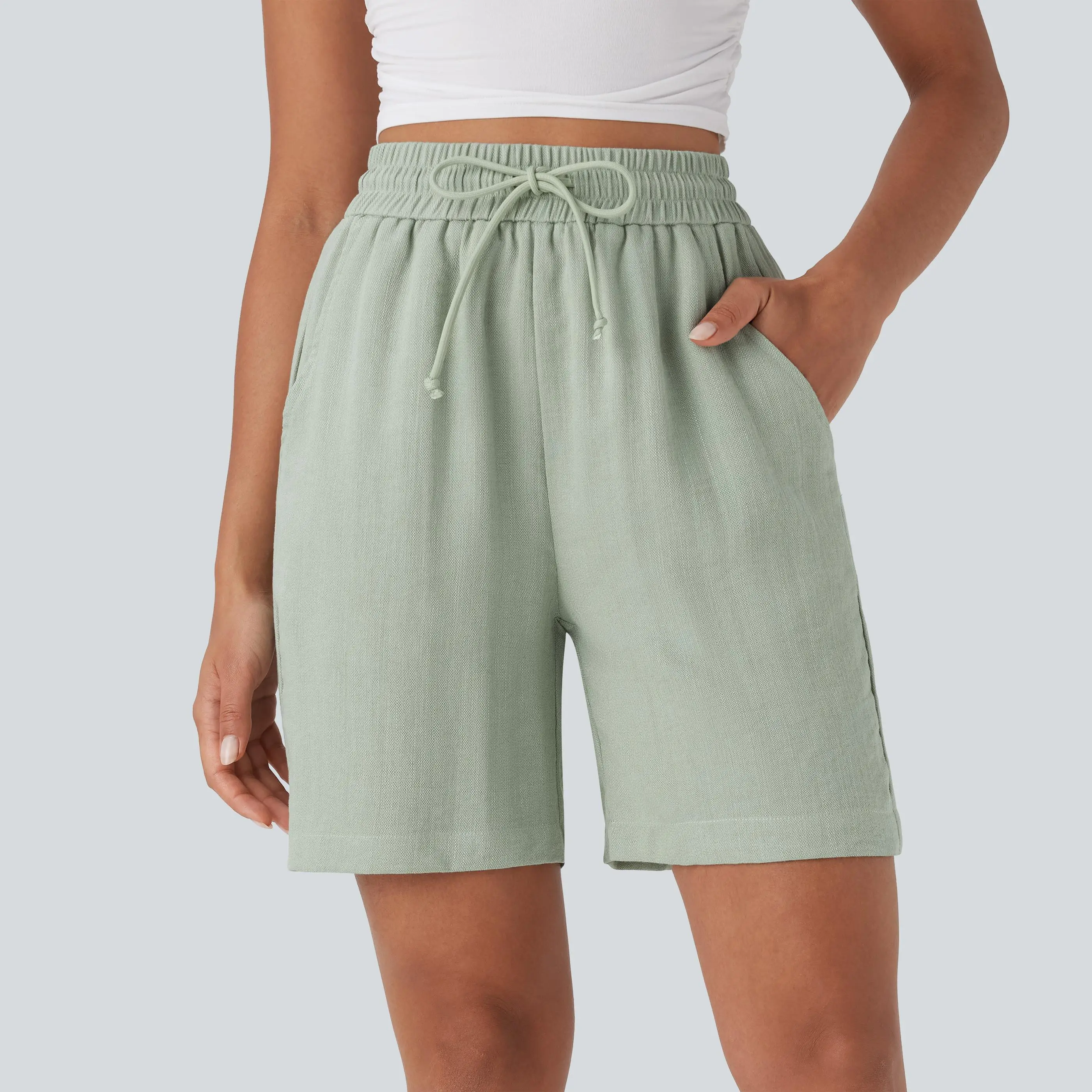 Halara High Waisted Drawstring Casual Linen-Feel Shorts with Side Pockets Halara High Waisted Drawstring Casual Linen-Feel Shorts with Side Pockets