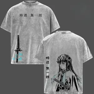 Tokitou Muichirou Washed Oversized T-Shirt, Mist Hashira Demon Slayer Anime Graphic Tee, Vintage Double Printed Heavy Cotton Top, Unisex Streetwear Manga Inspired Apparel 03K RPO