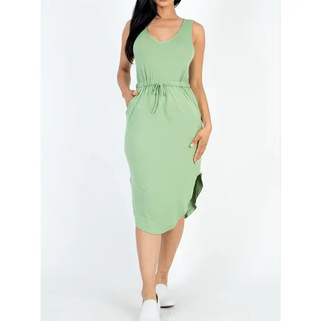 Women's Minimalist Stretchy Sleeveless Casual Midi Dress - Soft Light Jersey Fabric, Drawstring Waist, Functional Pockets, Casual Wear, School, Soft Jersey, All Seasons, Drawstring Sleeveless Midi Dress, Side Pockets, Light Weight, U Neck, Basic