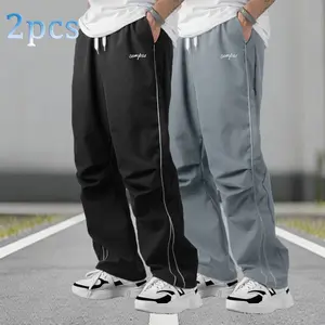 Men's Summer Loose Fit Sports Pants - 2-Piece Set, Lightweight Soft Fabric, Large Cut, Gray Side Strips with Gold Decorative Bars, Comfortable Design, Casual Sporty Bottoms, Gym Wear, 100% Polyester#SummerVibes