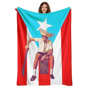 Pop Singer Puerto Rico Flag Flannel Blanket Folk Art Farmer Illustration Tropical Rustic Style Ultra Soft Warm Cozy Throw Blanket Sofa Bedroom Living Room Decor Travel Picnic Beach Gift Birthday Christmas For Music Lovers Fans Her Him