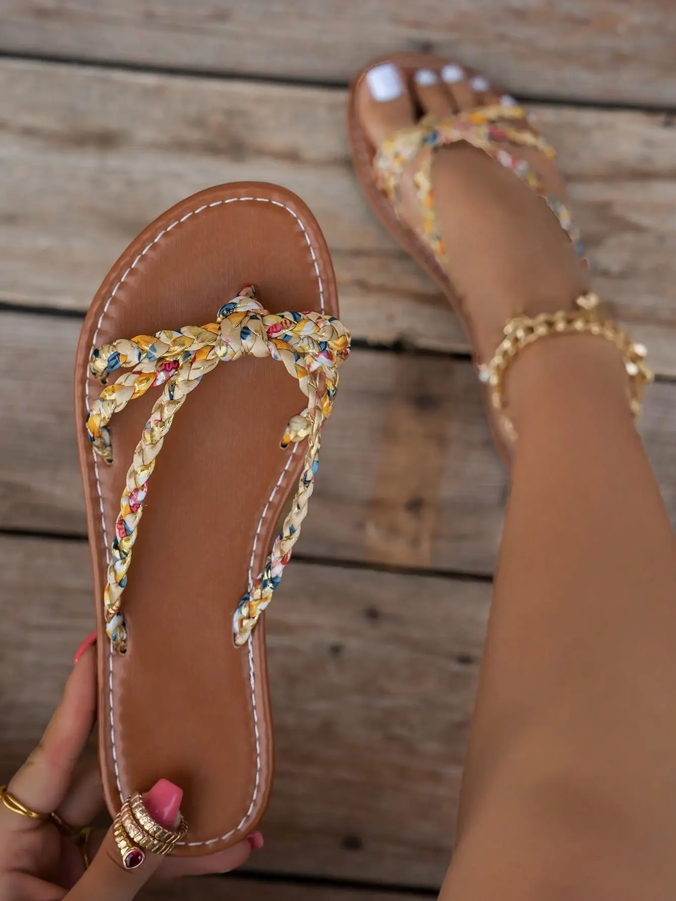AESS Bohemian Woven Sandals Suitable For Dresses Goddess Style Beach Flip Flops For Women In Summer
